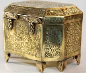 1920 Persian Brass Jewelry Box in Mamluk Revival Damascene Moorish Islamic Style