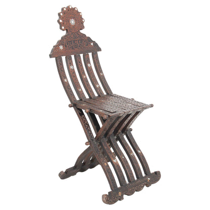 Antique Egyptian Moorish Carved Walnut Mother-of-Pearl Inlaid Folding Chair