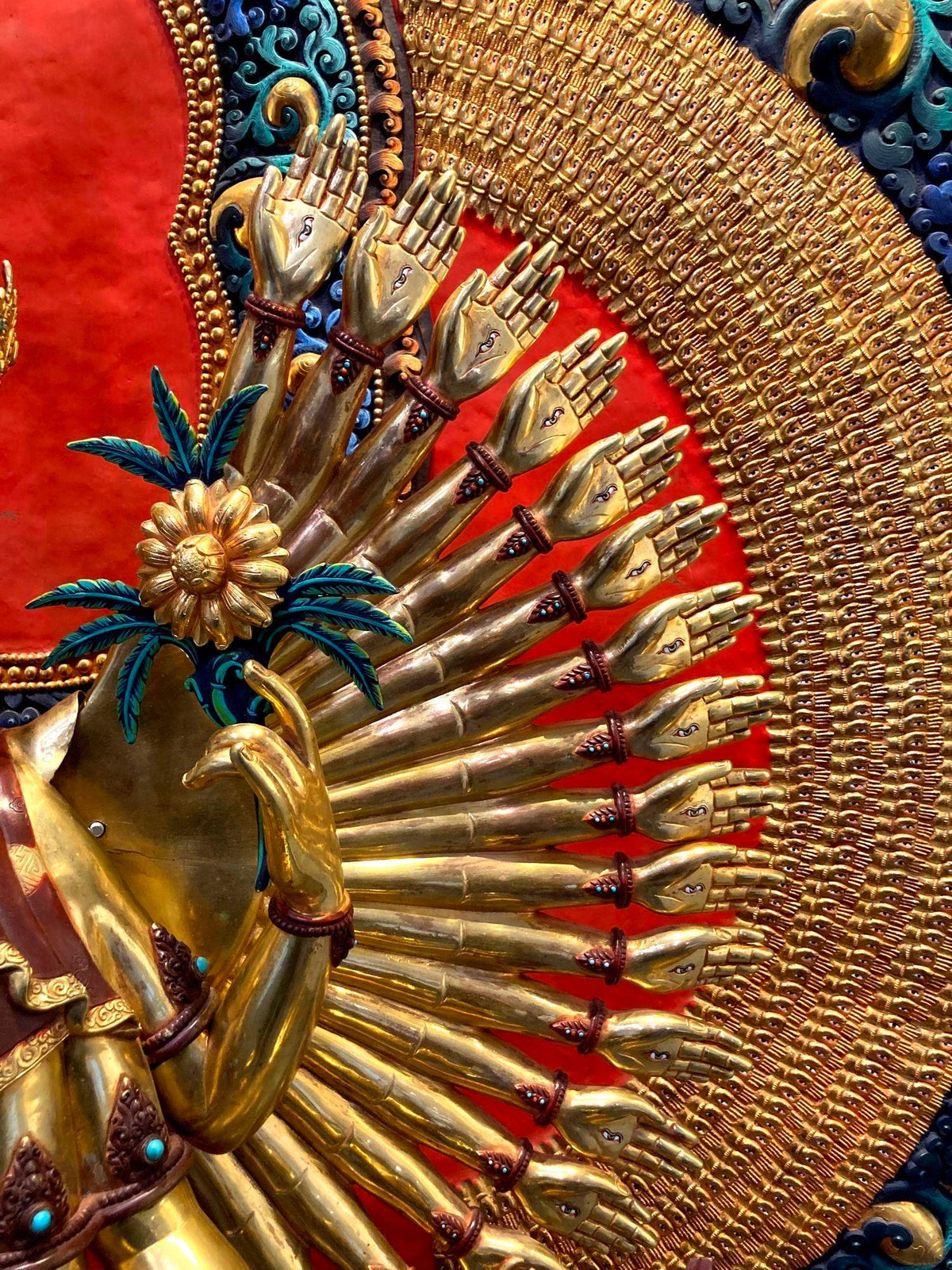 Handcrafted Oversized Gilt and Polychrome Copper Avalokiteshvara Statue, Nepal — detail view 13