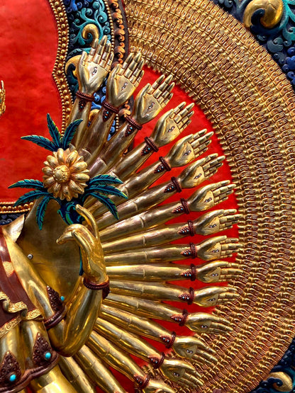 Handcrafted Oversized Gilt and Polychrome Copper Avalokiteshvara Statue, Nepal — detail view 13