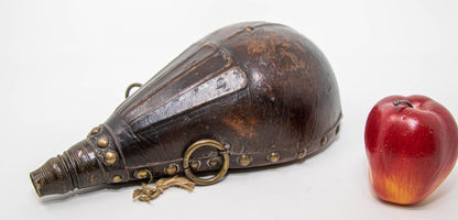 Antique Moroccan Carved Wood and Tooled Leather Powder Flask, 19th Century
