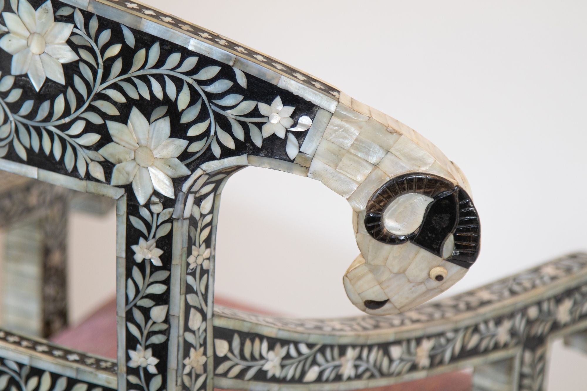 Anglo-Indian Mughal Mother of Pearl Inlaid Klismos Armchair with Ram Head 1 of 2