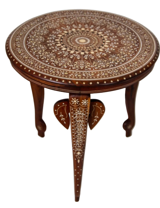 19th c. Anglo Indian Mughal Teak Bone Inlaid Round Side Table