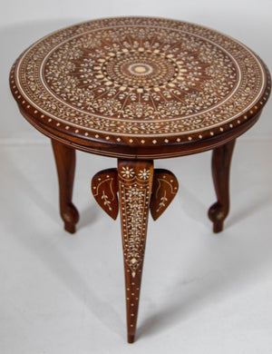 19th c. Anglo Indian Mughal Teak Bone Inlaid Round Side Table