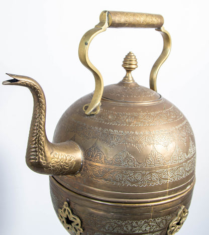Monumental Moroccan Engraved Brass Tea Kettle on Stand