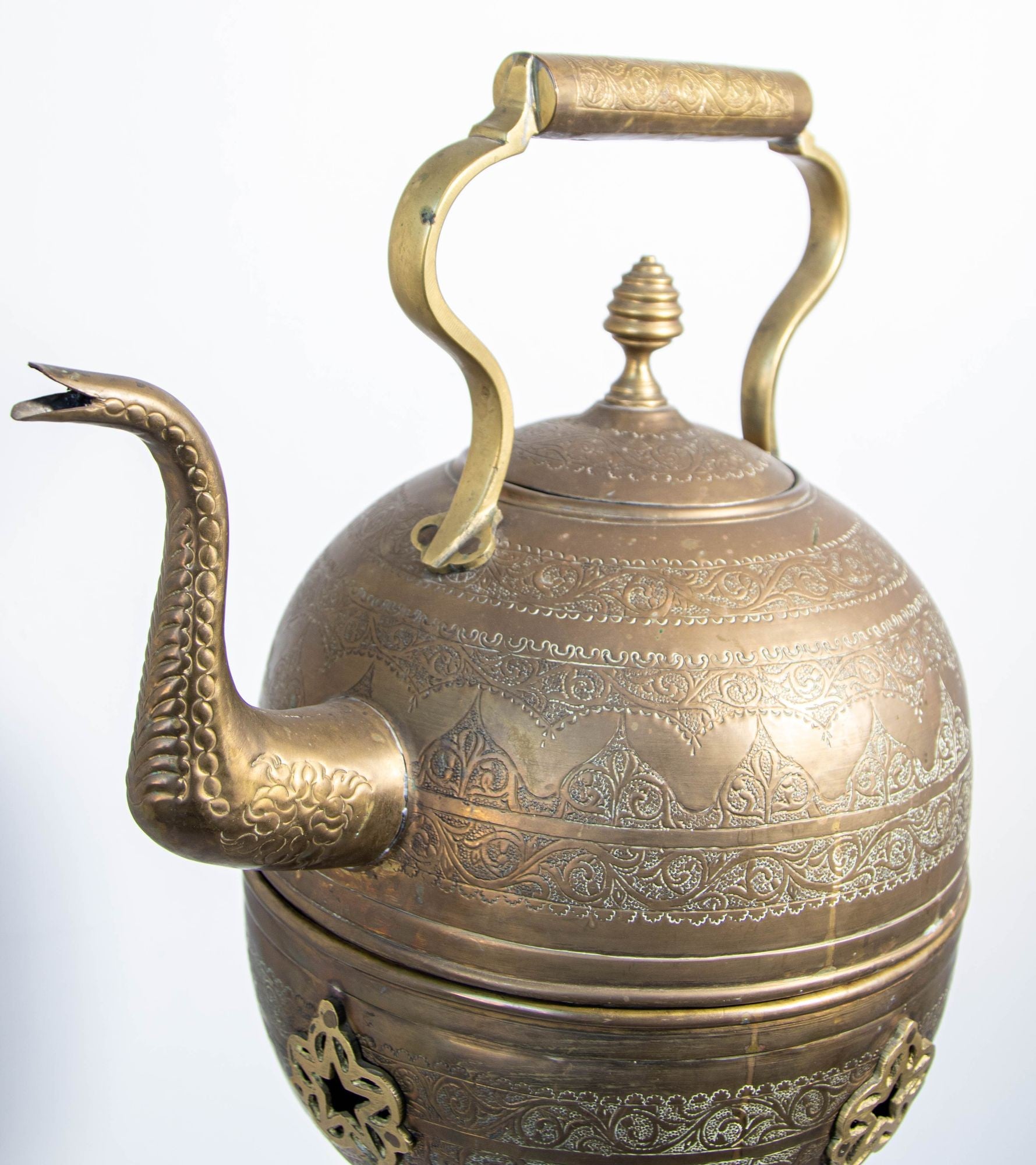 Antique Moroccan Brass Tea Kettle Pot on Stand 1930