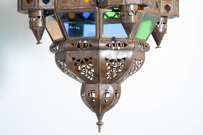 Vintage Moroccan Traditional Moorish Metal and Glass Lantern Ceiling Light