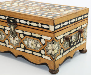 Moroccan Dowry Box Inlaid with White Camel Bone Rectangular Carved Wood Trunk