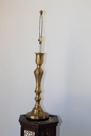 Vintage Polished Etched Solid Brass Candle Holder Table Lamp India