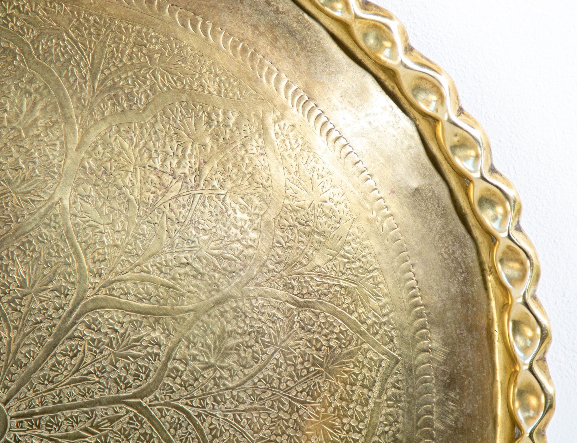 Antique Islamic Mughal Rajasthani Large Moorish Round Brass Tray with Crest Edges 30 in.