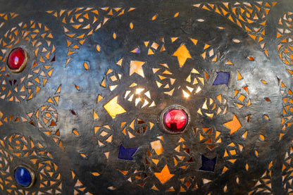 Large Moroccan Moorish Pierced Brass Chandelier with Colored Glass, circa 1940
