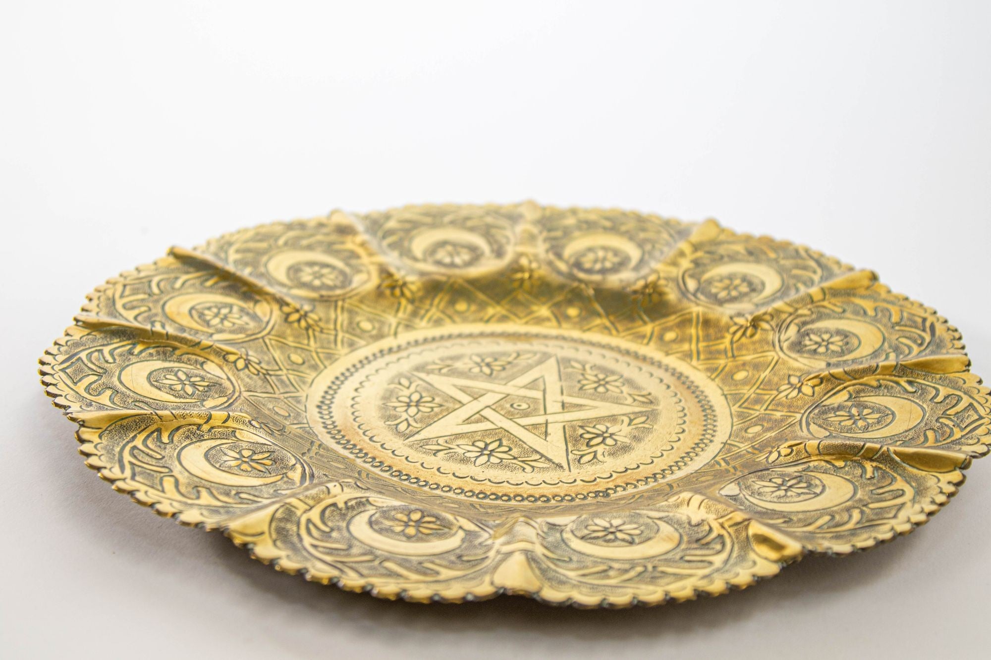1950s Moroccan Brass Tray with Star and Moon Pattern 13 in. Diameter
