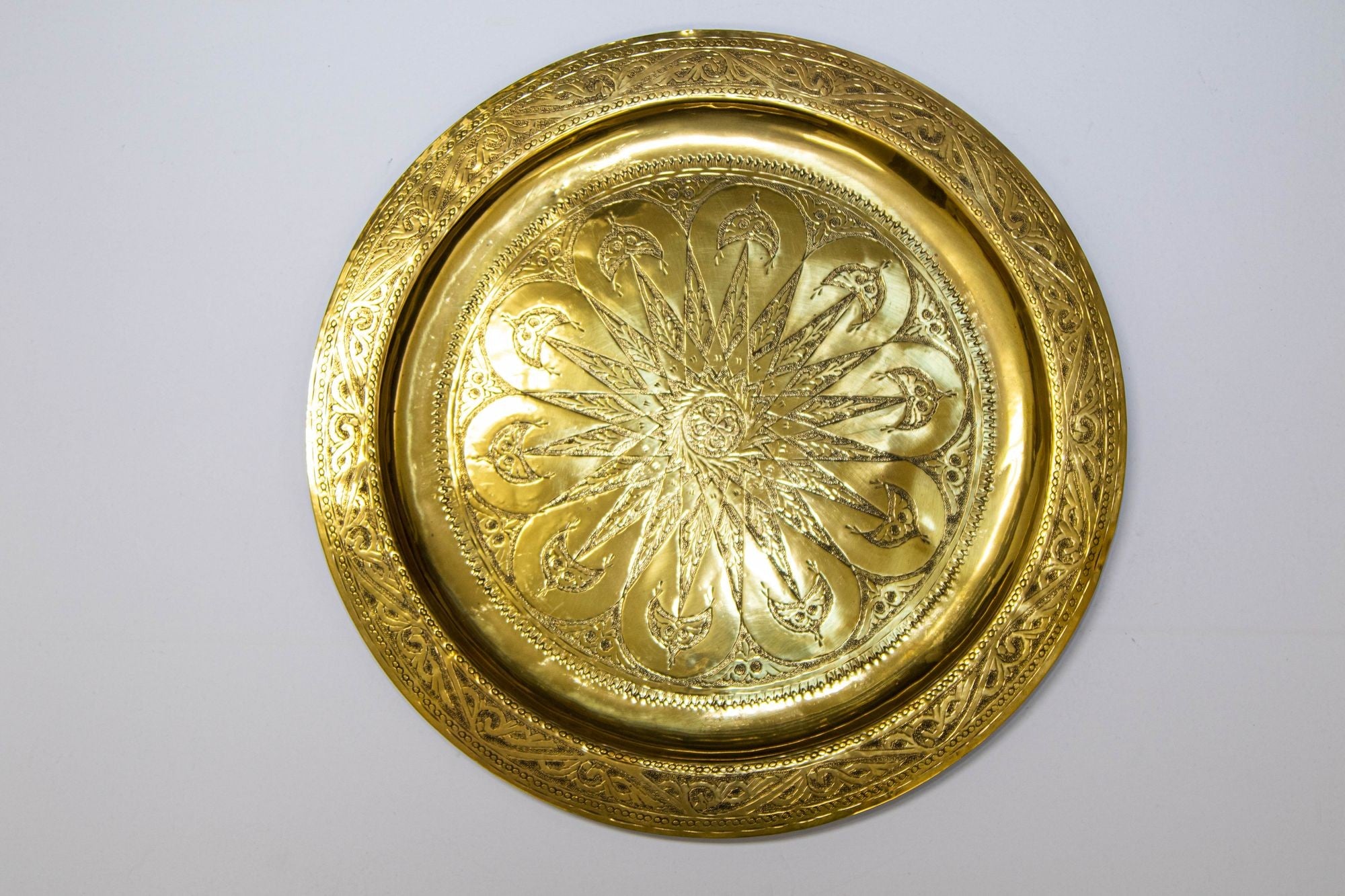 1940s Moroccan Brass Tray Collectible Islamic Polished Metal Work Platter 13.5 D