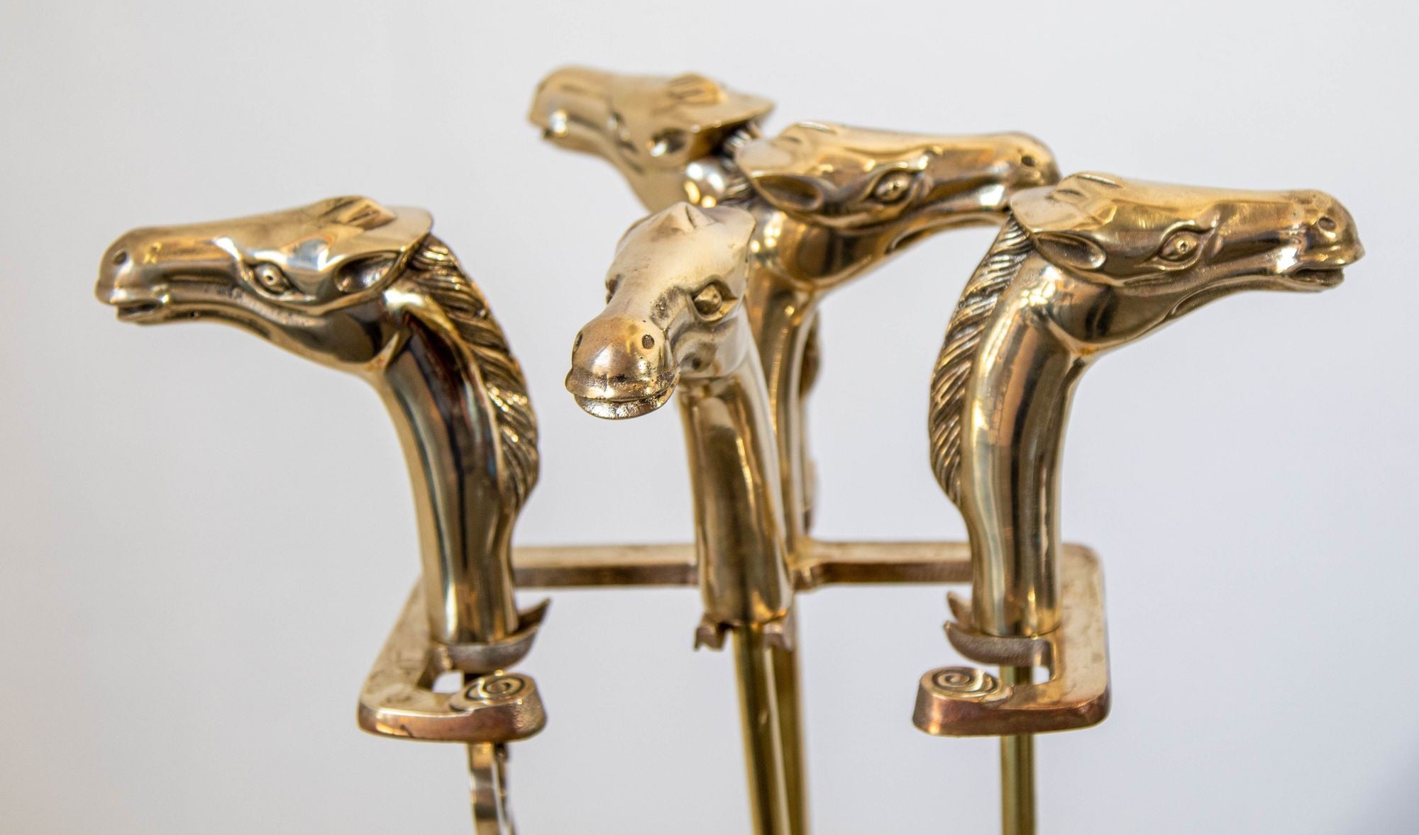 French Brass Horse Head Fireplace Tool Set Equestrian Hollywood Regency Style