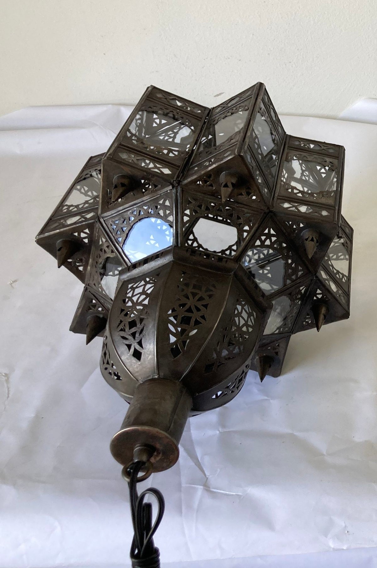 Vintage Moroccan Moorish Star Clear Glass & Pierced Metal Lantern, Marrakech