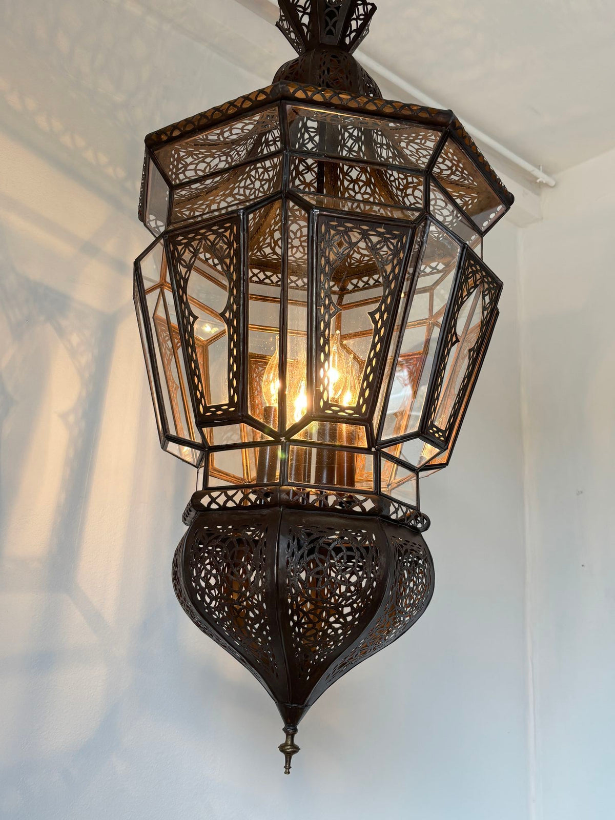 Pair of Large Moroccan Moorish Glass and Filigree Hanging Lanterns