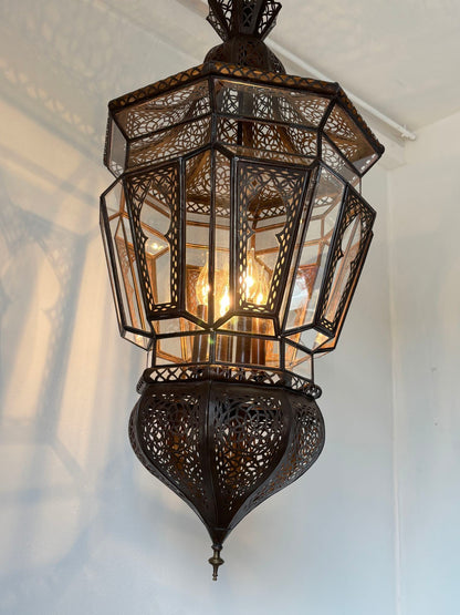 Pair of Large Moroccan Moorish Glass and Filigree Hanging Lanterns