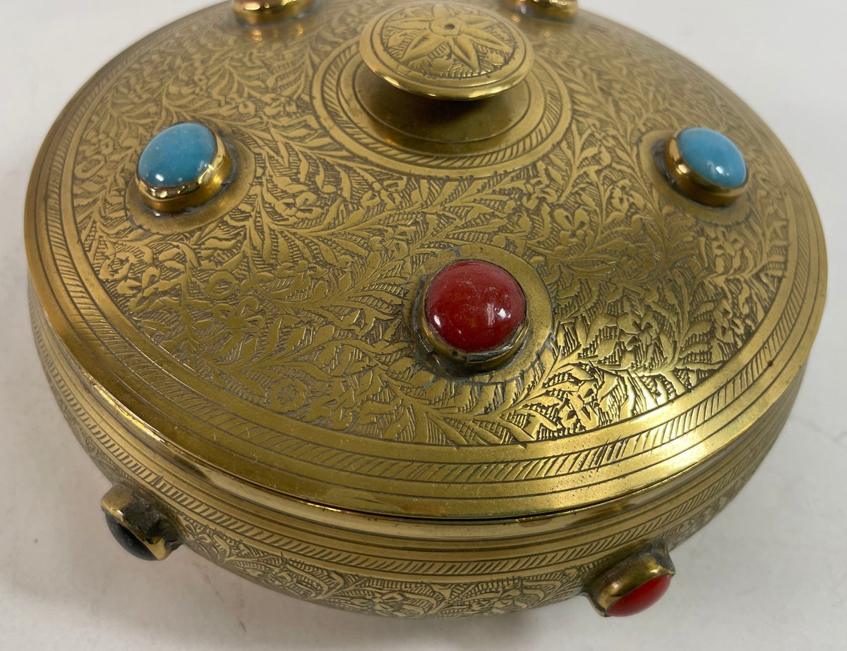 Vintage Moroccan Jewelled Trinket Brass Round Box with Beads