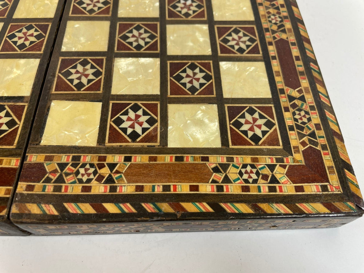 Middle Eastern Mosaic Inlaid Marquetry Box, Vintage Game Chest, 1950