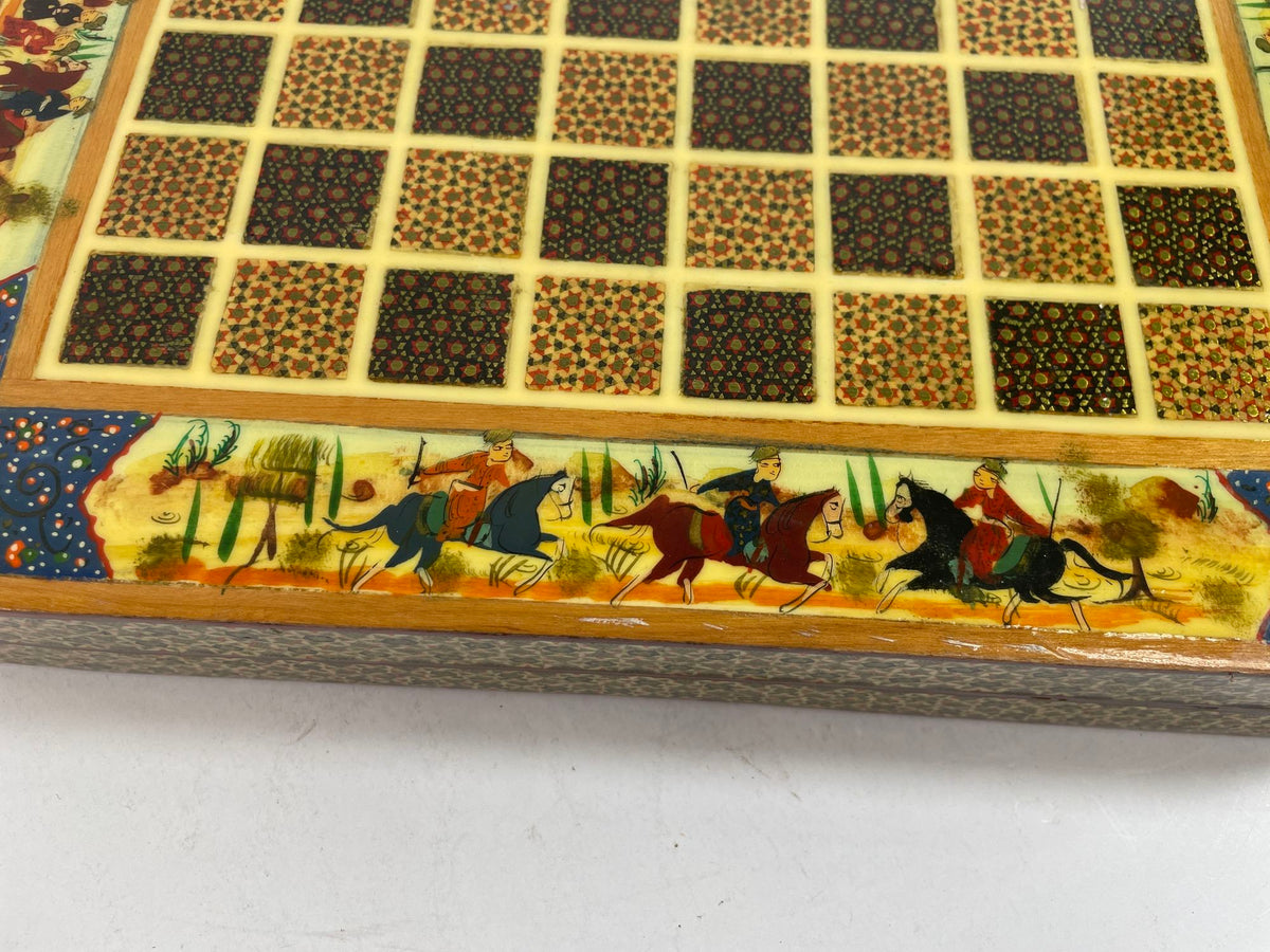 Vintage Persian Micro Mosaic Chess Box, Handcrafted Fruitwood, 1950s