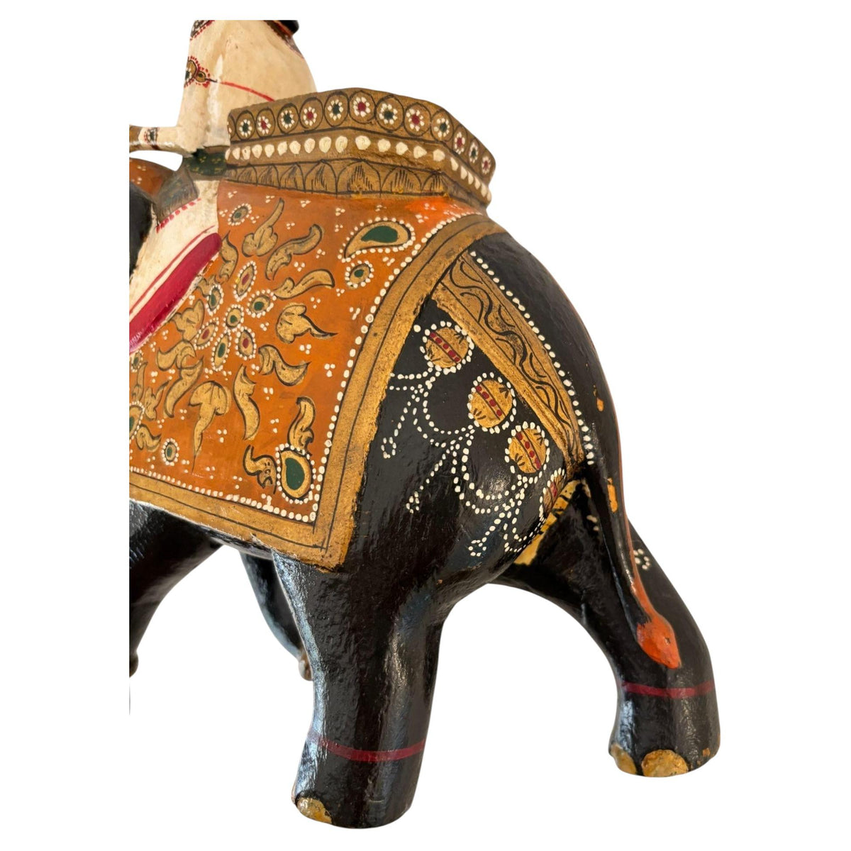 Antique Anglo-Raj Hand-Carved Teak Elephant with Rider Polychrome Sculpture — additional view 3