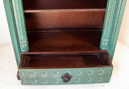 Hand-Carved Arch Bookshelf Wooden Cabinet in Rustic Blue