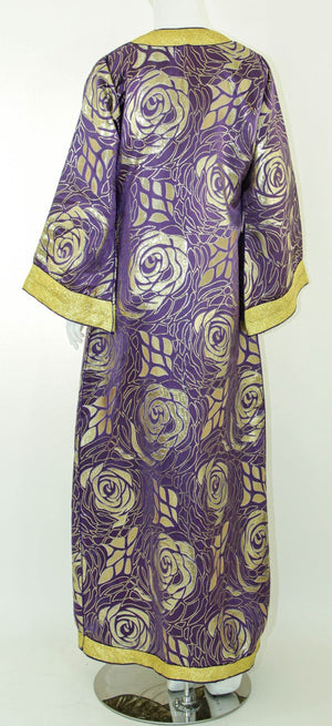 Moroccan Caftan Purple and Gold Damask Embroidered Vintage Kaftan 1960s