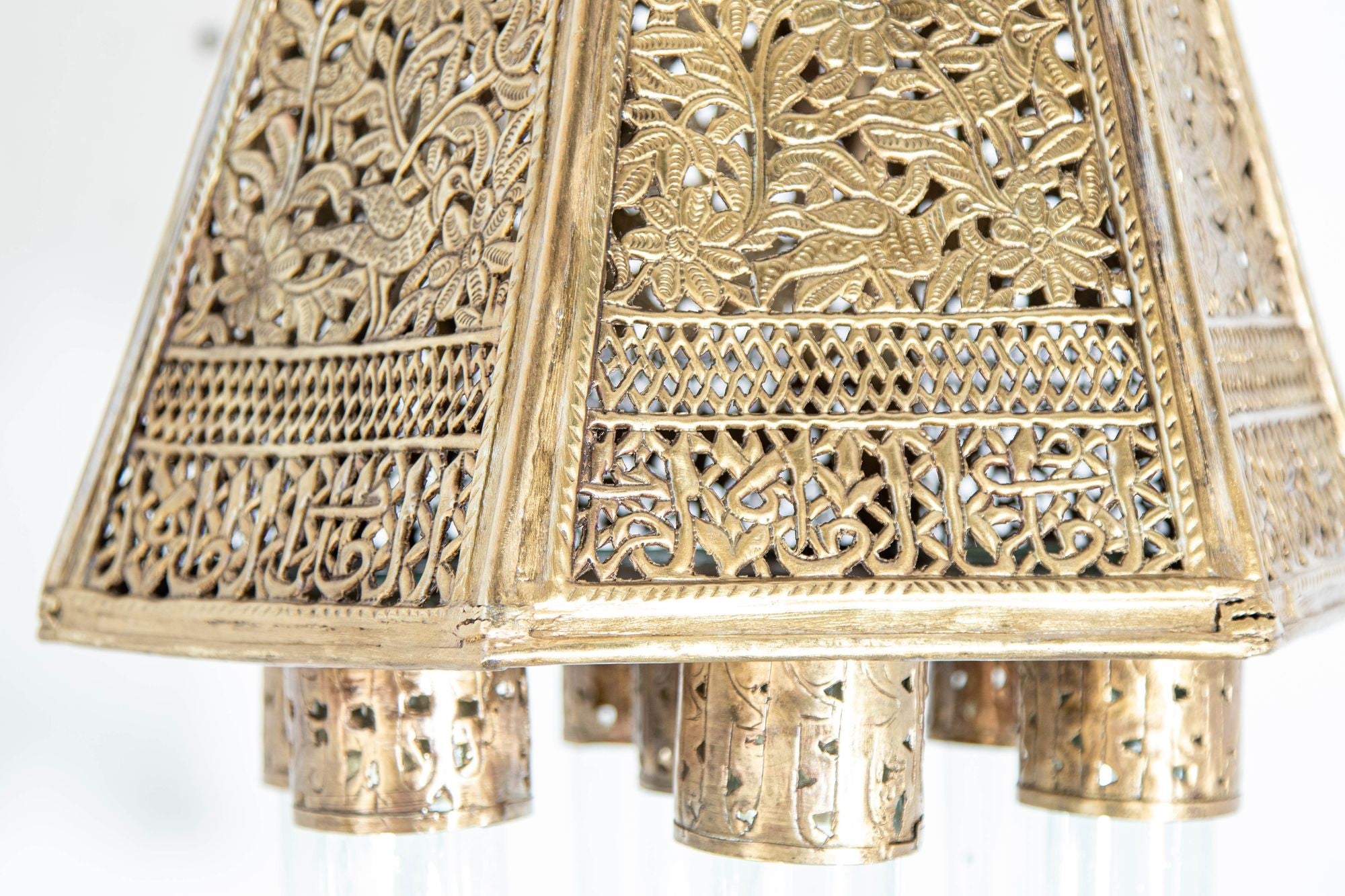 Antique Mamluk Turkish Pierced Brass Hanging Hexagonal Pendant Light Fixture