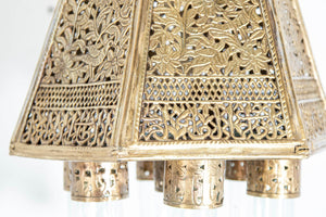 Antique Mamluk Turkish Pierced Brass Hanging Hexagonal Pendant Light Fixture