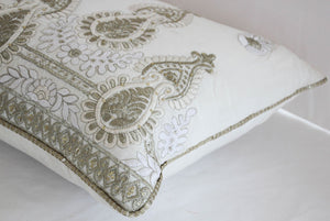 White and Silver Embroidered Mughal Style Throw Pillow