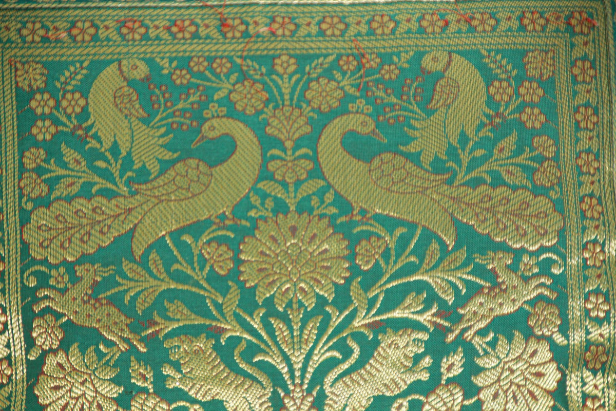 Emerald Green Exotic Silk Throw Pillow with Elephants and Peacocks India