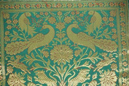 Emerald Green Exotic Silk Throw Pillow with Elephants and Peacocks India