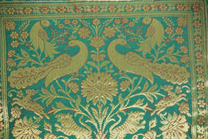 Emerald Green Exotic Silk Throw Pillow with Elephants and Peacocks India