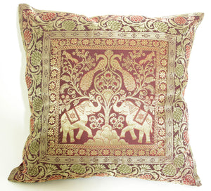 Silk Throw Pillow with Elephants and Peacocks India