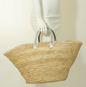 French Moroccan Straw Basket Tote Bag with Piped Leather Handles