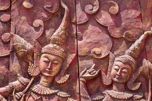 Antique Monumental Asian Hand-Carved Wooden Decorative Mural Panel 8ft