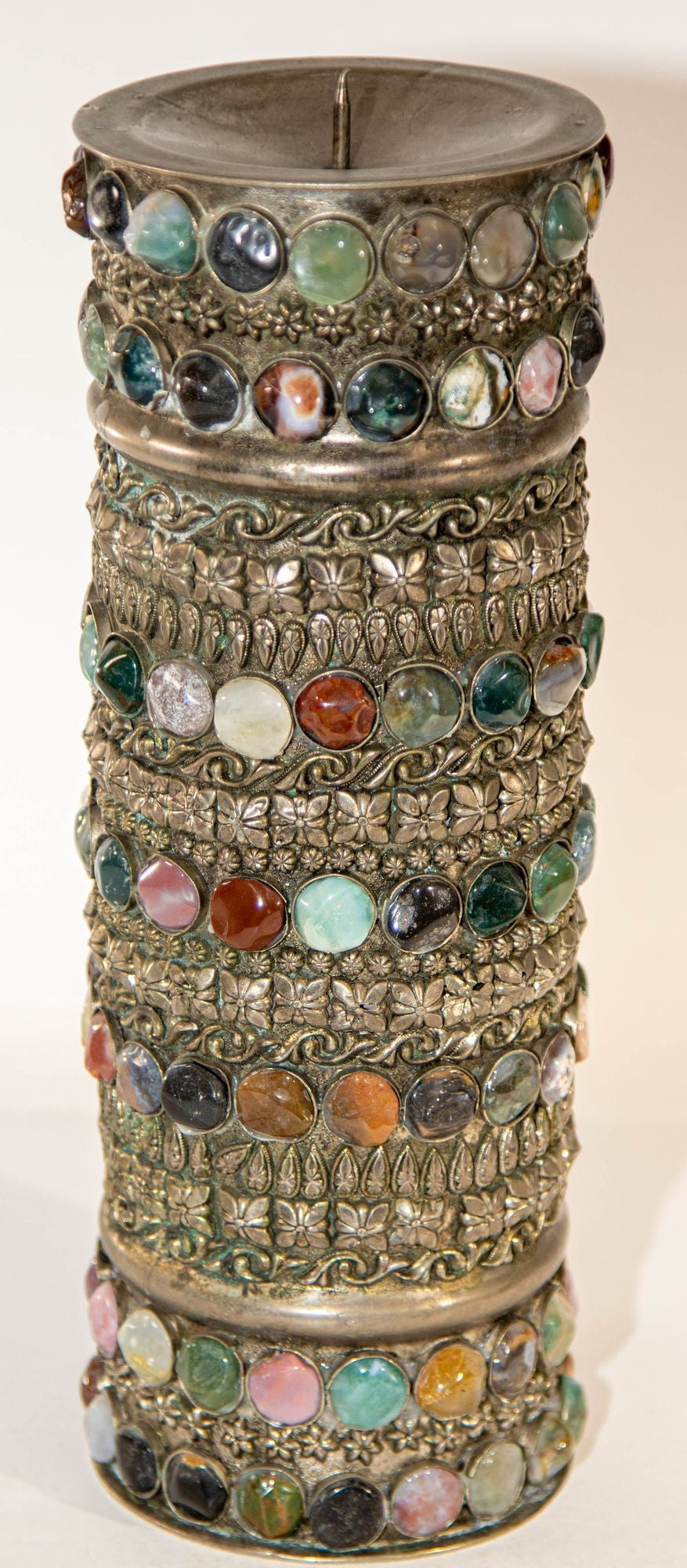 Vintage Agate Inlaid Jewelled Moroccan Silver Candle Holder