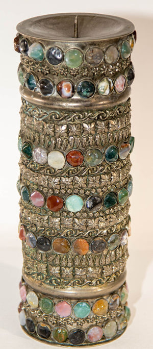 Vintage Agate Inlaid Jewelled Moroccan Silver Candle Holder