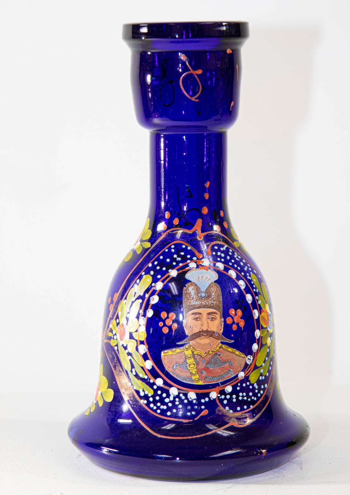 Vintage Royal Blue Enameled Bohemian Glass Vase, Persian Market