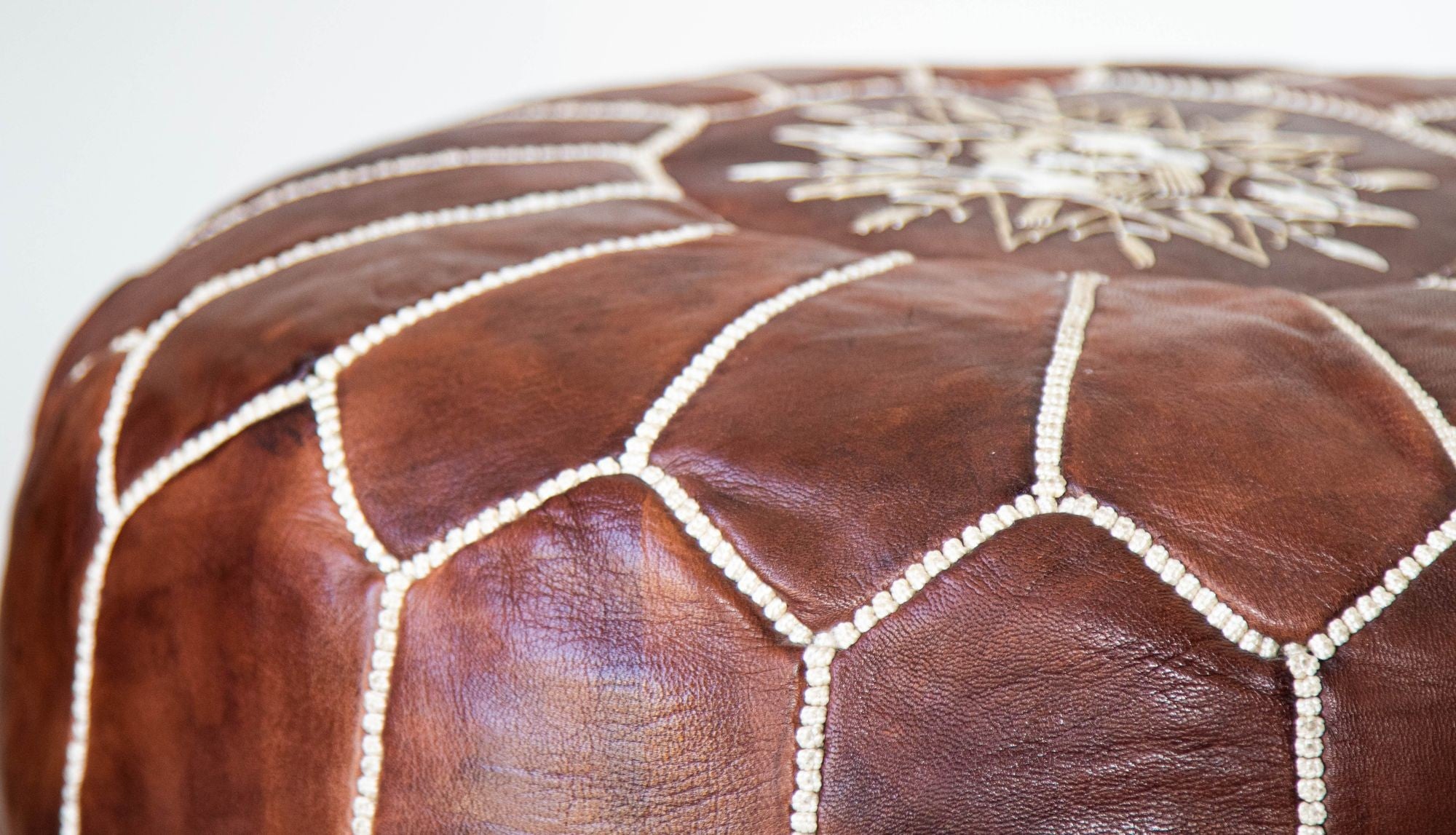 Moroccan Hand Tooled Brown Leather Pouf