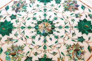 Pietra Dura White Mosaic Octagonal Inlaid Marble Top Handcrafted Agra India 1980