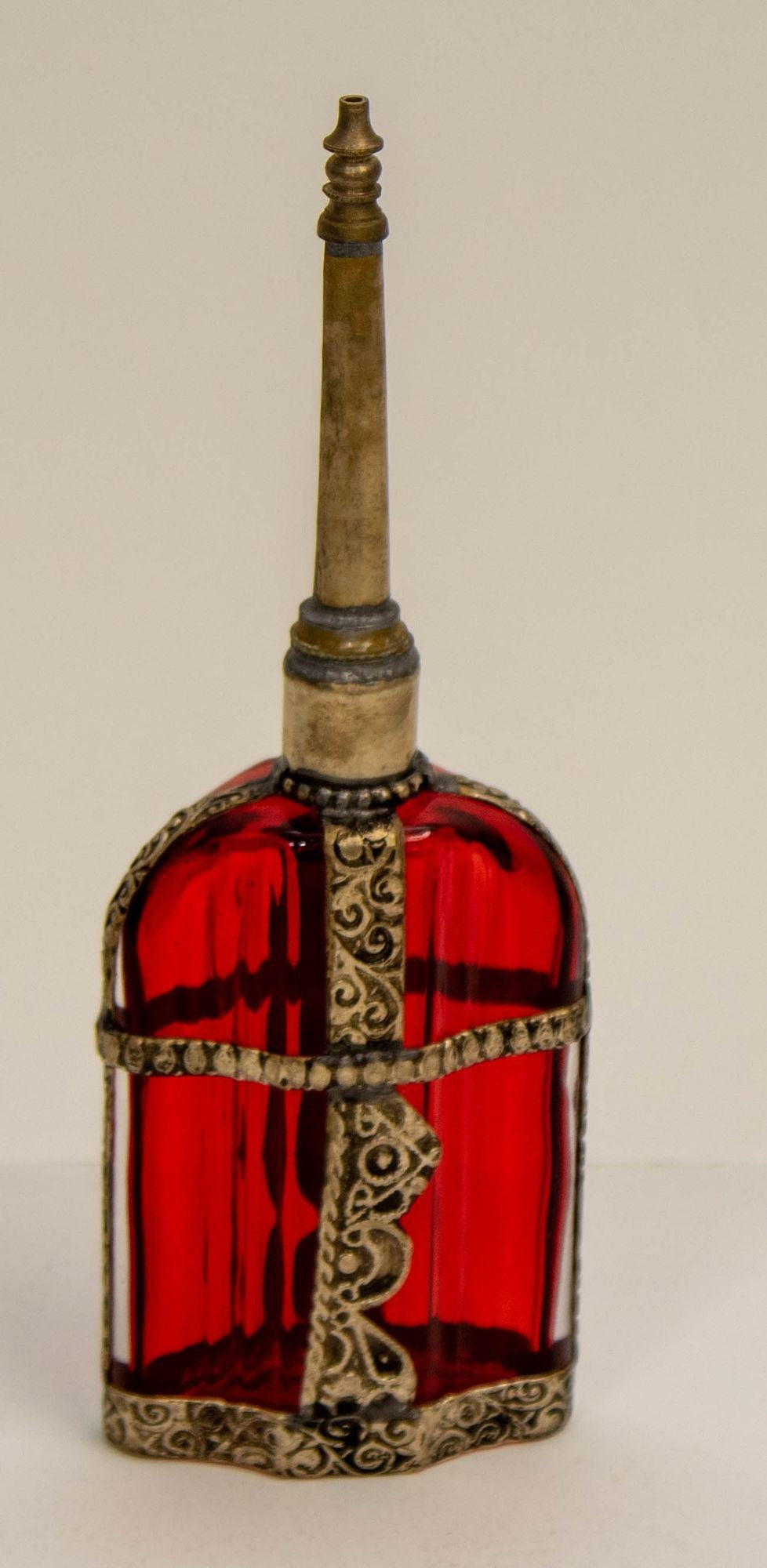 Moroccan Perfume Bottle Sprinkler with Embossed Metal Overlay and Red Glass