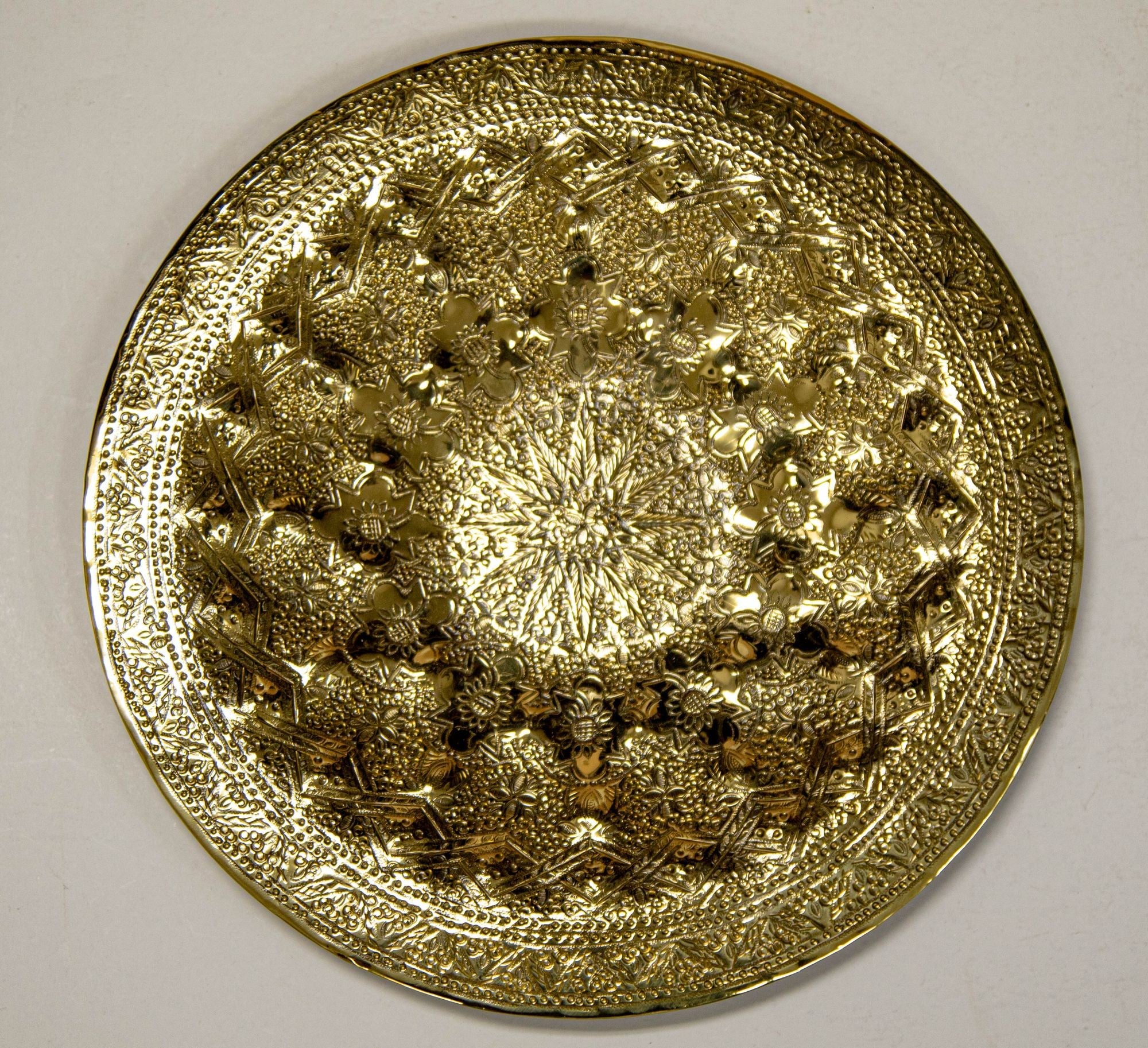 Islamic Persian Polished Brass Tray Collectible Metal Work Platter 10 inches D.