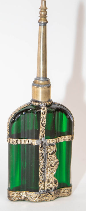 Moorish Emerald Green Glass Perfume Bottle Sprinkler with Embossed Metal Overlay