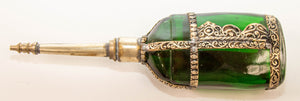 Moorish Green Glass Perfume Bottle Sprinkler with Embossed Metal Overlay