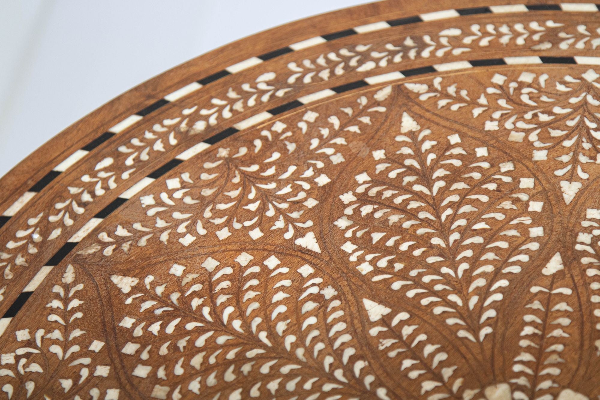 Anglo Indian Mughal Teak Wood Round Side Table with Bone Inlaid