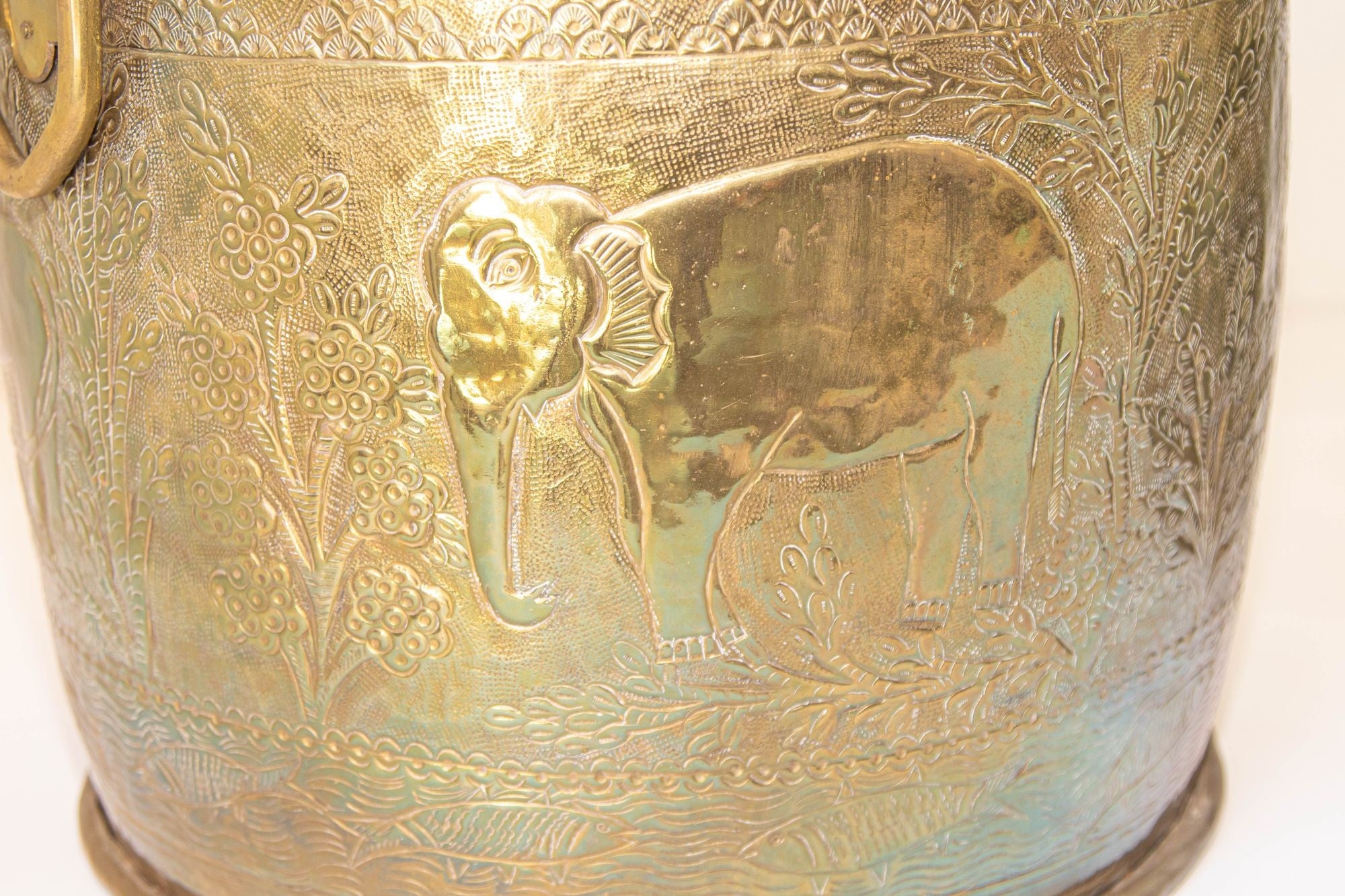 Large Vintage Polished Brass Planters Anglo Raj Hammered Jungle Design a Pair