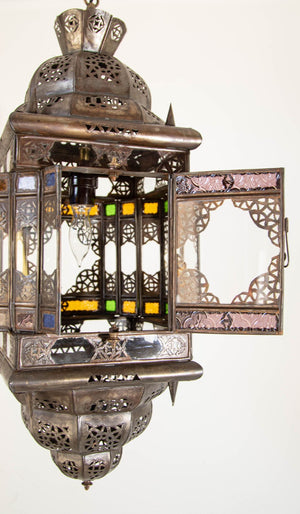 Vintage Moroccan Hanging Lantern Clear and Multicolor Glass Made in Marrakech