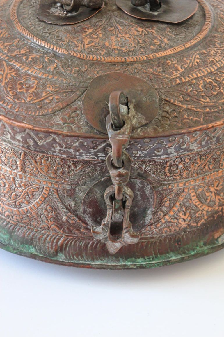 Antique South Asian Mughal Round Tinned Copper Box with Lid India 19th Century