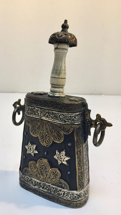 Antique Moroccan Berber Case Flask, Hand-Carved Wood & Brass, 1920s